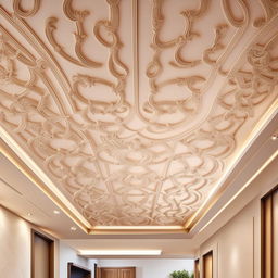 A lavish false ceiling design suitable for a 4BHK house, featuring elegant patterns, soft illumination, and affluence in detail