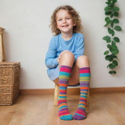 A playful girl wearing vibrant, patterned socks in a bright, child-friendly environment.