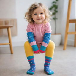 A playful girl wearing vibrant, patterned socks in a bright, child-friendly environment.