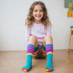 A playful girl wearing vibrant, patterned socks in a bright, child-friendly environment.