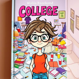 A vibrant and whimsical book cover featuring a cartoon design of a college girl with big glasses and messy hair, embodying the carefree spirit of student life