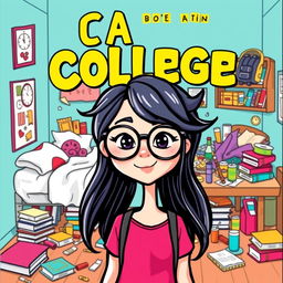 A vibrant and whimsical book cover featuring a cartoon design of a college girl with big glasses and messy hair, embodying the carefree spirit of student life