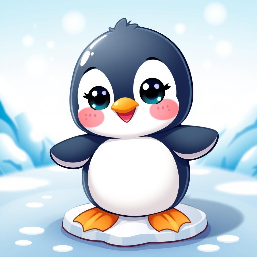 A cute chibi style penguin character, featuring large expressive eyes, a round body, and small flippers