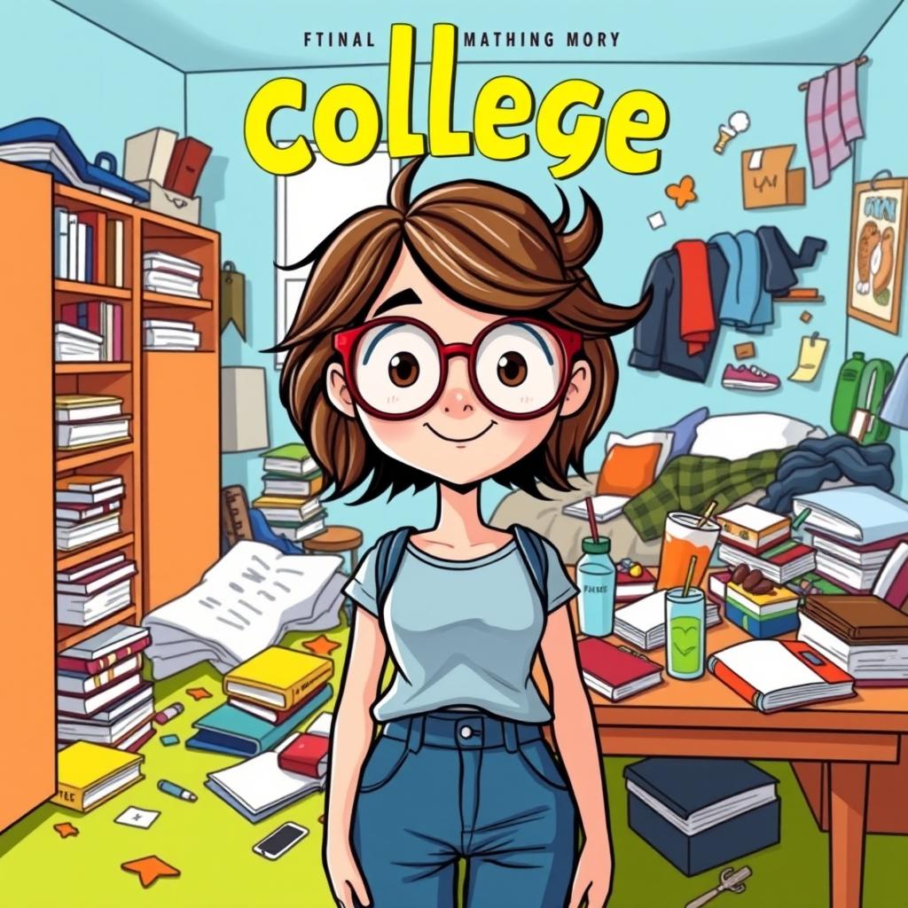 A vibrant and whimsical book cover featuring a cartoon design of a college girl with big glasses and messy hair, embodying the carefree spirit of student life