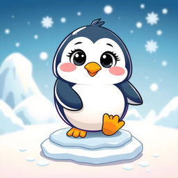 A cute chibi style penguin character, featuring large expressive eyes, a round body, and small flippers