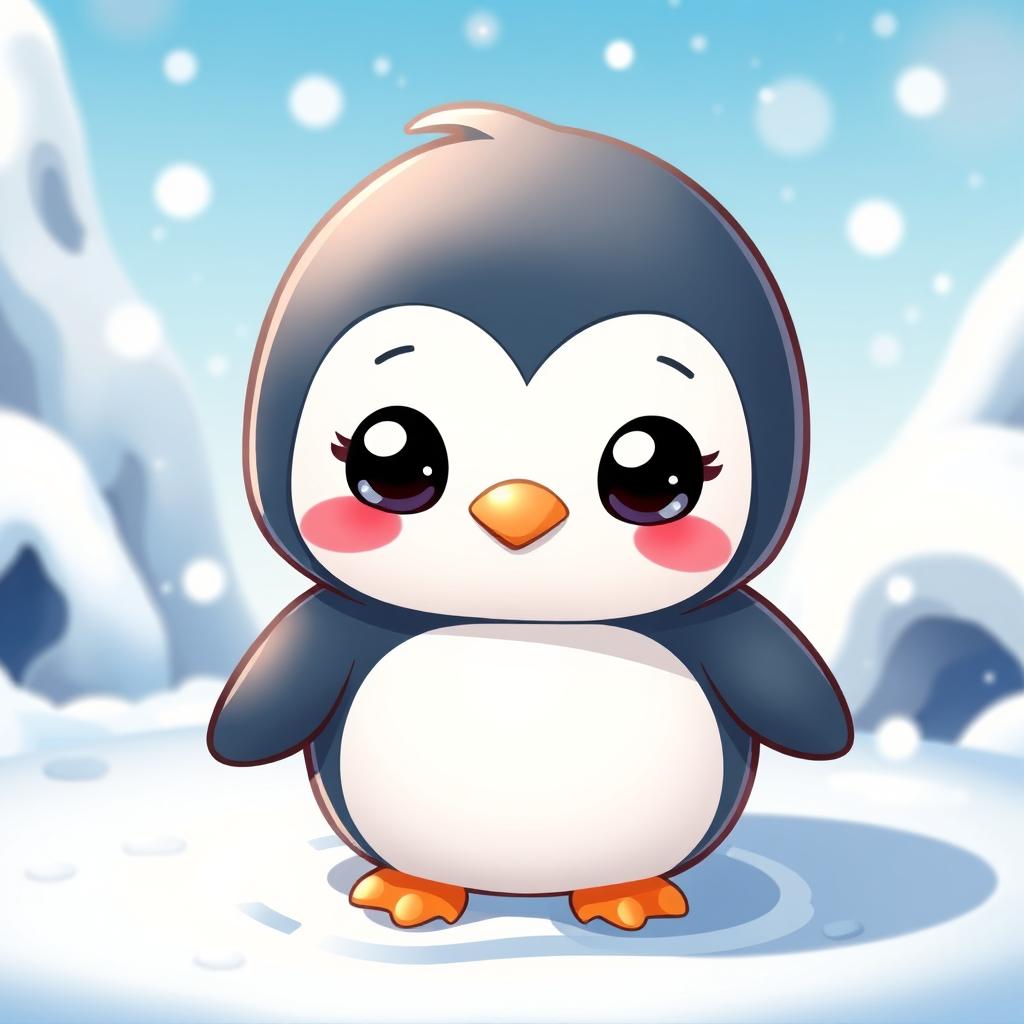 A cute chibi style penguin character, featuring large expressive eyes, a round body, and small flippers