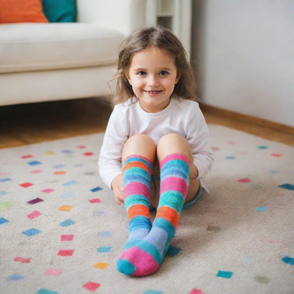 A playful girl wearing vibrant, patterned socks in a bright, child-friendly environment.