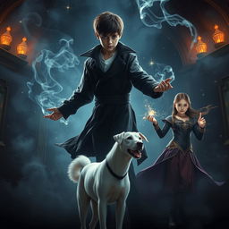 A cinematic fantasy film poster featuring a 27-year-old boy with short hair, showcasing his capability to perform black magic