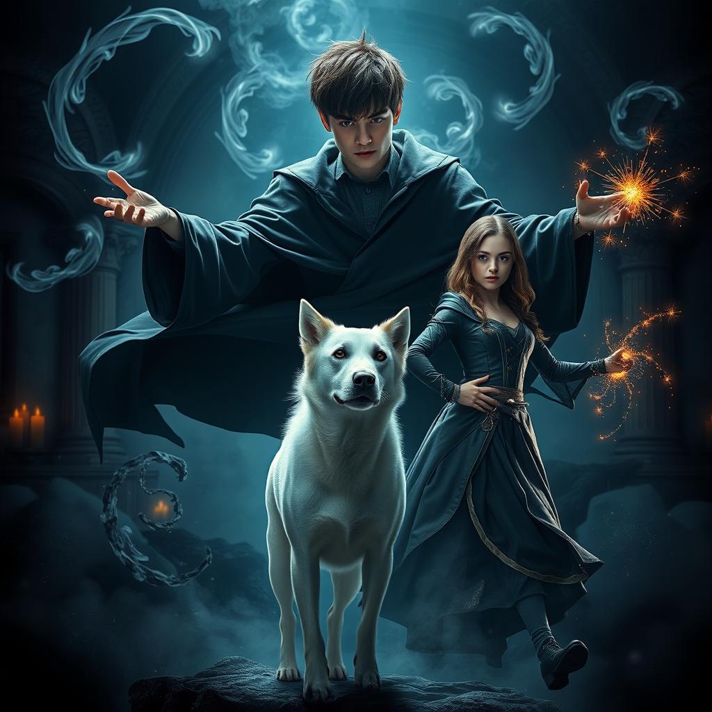 A cinematic fantasy film poster featuring a 27-year-old boy with short hair, showcasing his capability to perform black magic