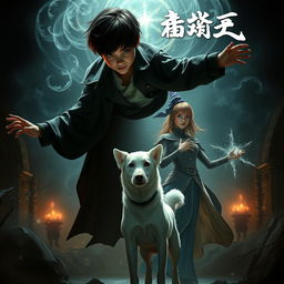 A cinematic fantasy film poster featuring a 27-year-old boy with short hair, showcasing his capability to perform black magic