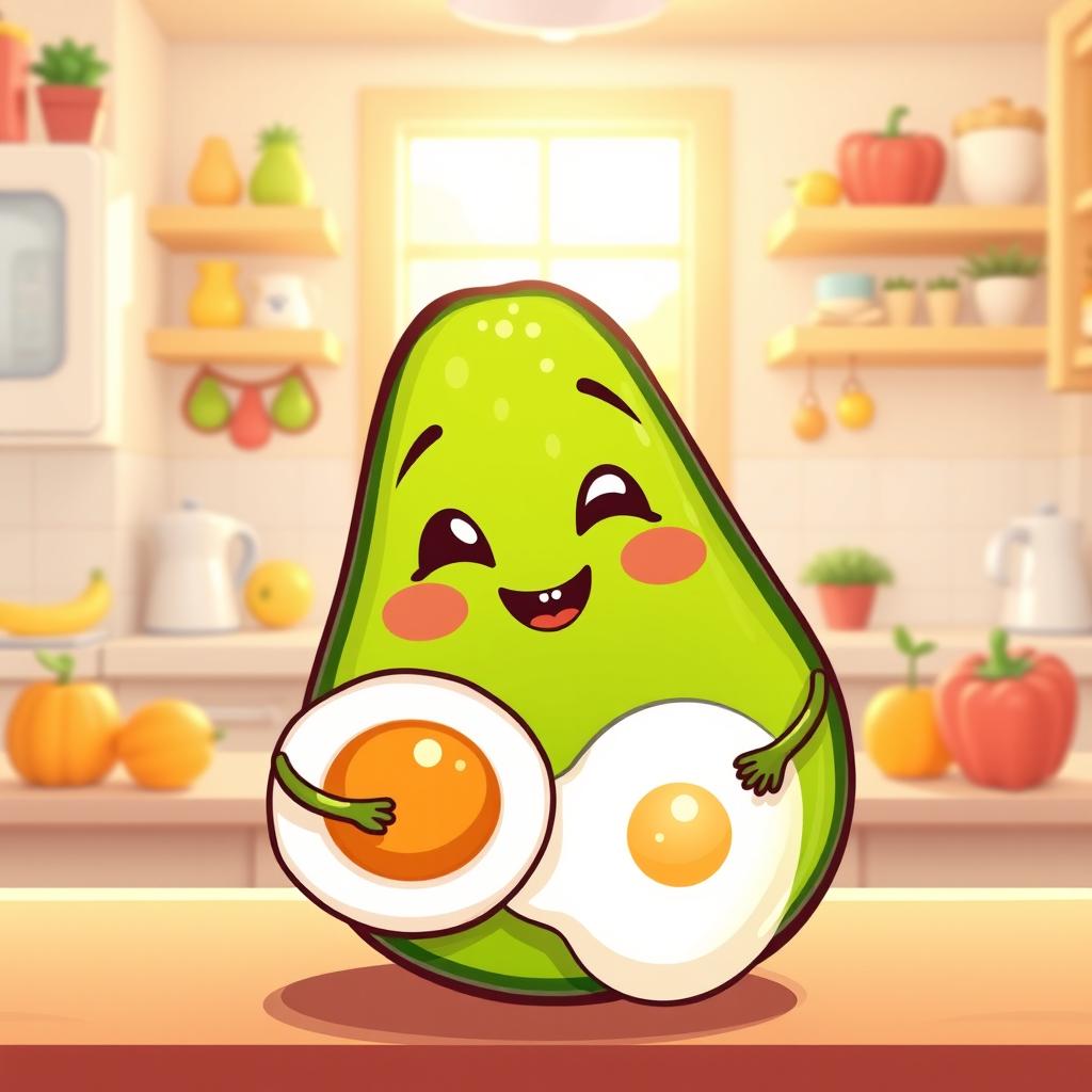 A whimsical and cute scene featuring a half avocado character joyfully embracing a half boiled egg character