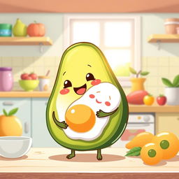 A whimsical and cute scene featuring a half avocado character joyfully embracing a half boiled egg character