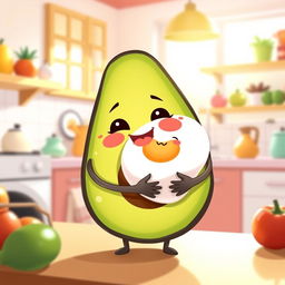 A whimsical and cute scene featuring a half avocado character joyfully embracing a half boiled egg character