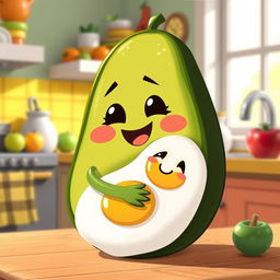 A whimsical and cute scene featuring a half avocado character joyfully embracing a half boiled egg character