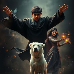 A cinematic fantasy film poster featuring a 27-year-old Indian boy with short hair, showcasing his capabilities of performing black magic as he floats mid-air in a dramatic black shrug