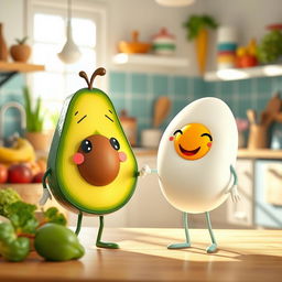 A delightful and whimsical scene featuring a half avocado character holding hands with a half boiled egg character