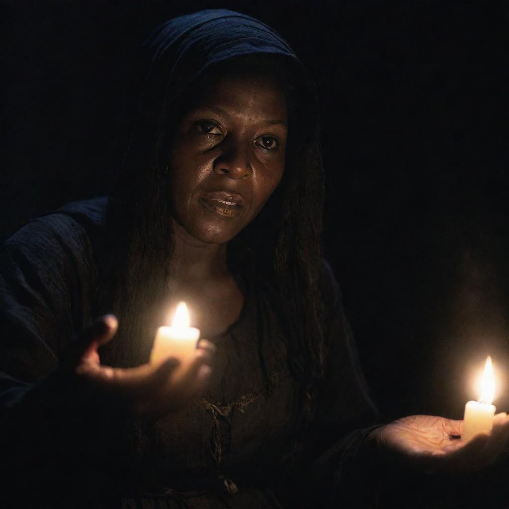 Dark and sinister depiction of Tituba, infamous for her role in the Salem Witch Trials, casting a spell with malicious intent. Show her focused gaze, her hands weaving the spell and the eerie glow of the spells around her.