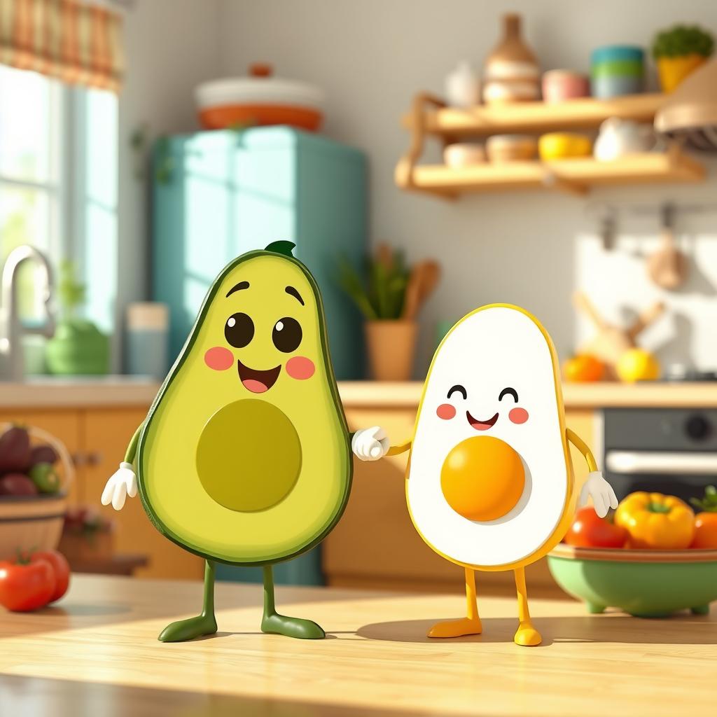 A delightful and whimsical scene featuring a half avocado character holding hands with a half boiled egg character