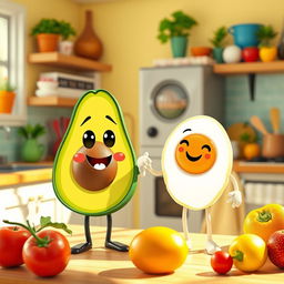 A delightful and whimsical scene featuring a half avocado character holding hands with a half boiled egg character