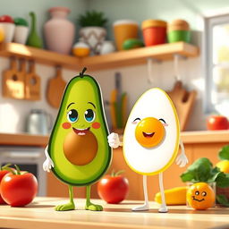 A delightful and whimsical scene featuring a half avocado character holding hands with a half boiled egg character