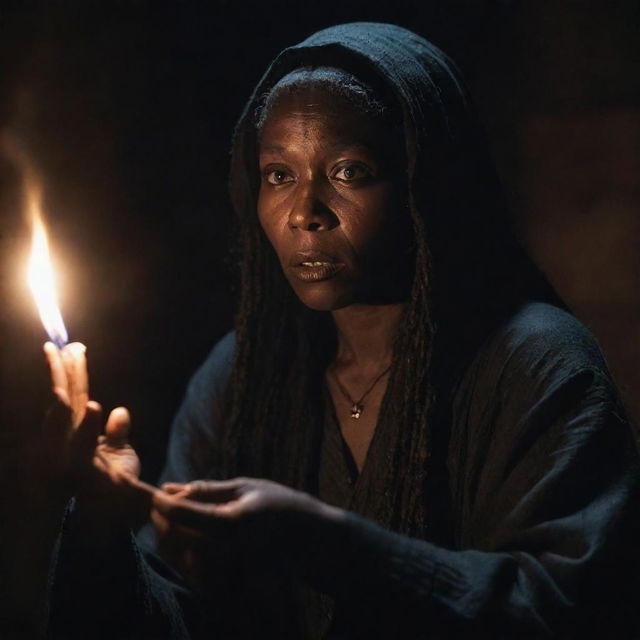 Dark and sinister depiction of Tituba, infamous for her role in the Salem Witch Trials, casting a spell with malicious intent. Show her focused gaze, her hands weaving the spell and the eerie glow of the spells around her.