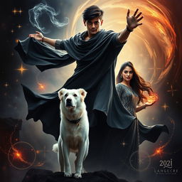 A cinematic fantasy film poster featuring a 27-year-old Indian boy with short hair, floating in mid-air while wearing a flowing black shrug, showcasing his ability to perform black magic