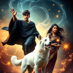 A cinematic fantasy film poster featuring a 27-year-old Indian boy with short hair, floating in mid-air while wearing a flowing black shrug, showcasing his ability to perform black magic