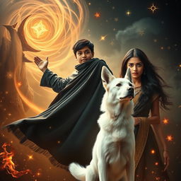 A cinematic fantasy film poster featuring a 27-year-old Indian boy with short hair, floating in mid-air while wearing a flowing black shrug, showcasing his ability to perform black magic