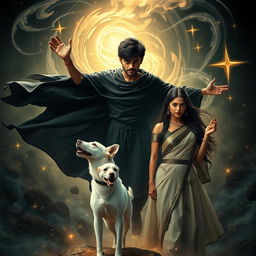 A cinematic fantasy film poster featuring a 27-year-old Indian boy with short hair, floating in mid-air while wearing a flowing black shrug, showcasing his ability to perform black magic