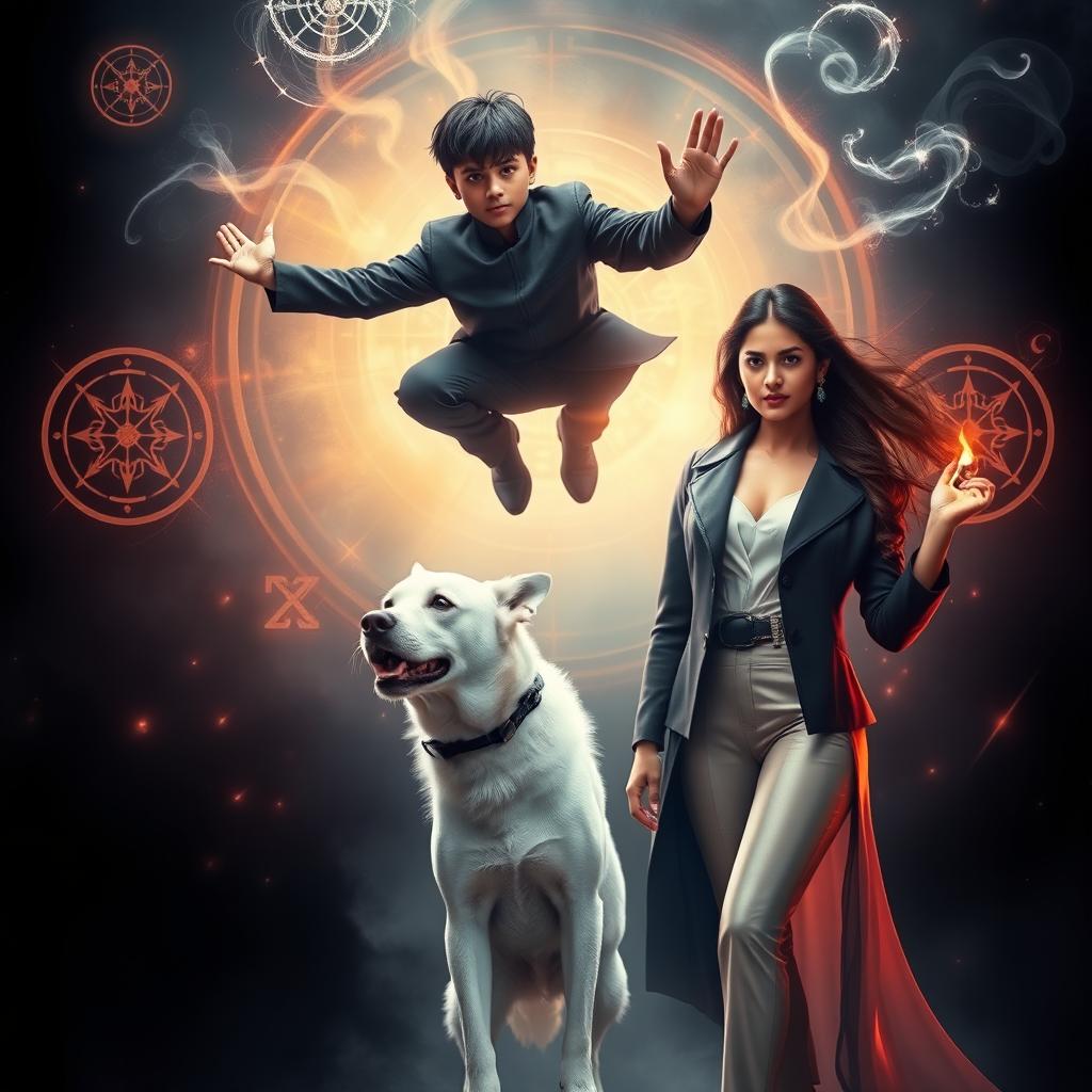 A cinematic fantasy film poster featuring a 27-year-old Indian boy with short hair, floating in mid-air while wearing a sleek black shrug, demonstrating his ability to perform black magic