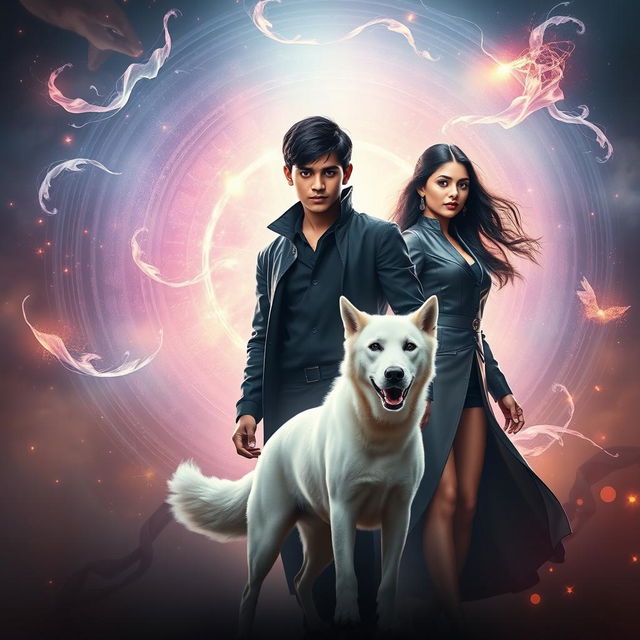 A cinematic fantasy film poster featuring a 27-year-old Indian boy with short hair, floating in mid-air while wearing a sleek black shrug, demonstrating his ability to perform black magic