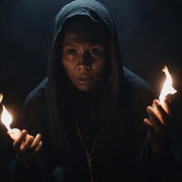 Dark and sinister depiction of Tituba, infamous for her role in the Salem Witch Trials, casting a spell with malicious intent. Show her focused gaze, her hands weaving the spell and the eerie glow of the spells around her.