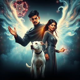 A cinematic fantasy film poster featuring a 27-year-old Indian boy with short hair, floating in mid-air while wearing a sleek black shrug, demonstrating his ability to perform black magic