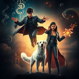 A cinematic fantasy film poster featuring a 27-year-old Indian boy with short hair, floating in mid-air while wearing a sleek black shrug, demonstrating his ability to perform black magic