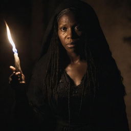 Dark and sinister depiction of Tituba, infamous for her role in the Salem Witch Trials, casting a spell with malicious intent. Show her focused gaze, her hands weaving the spell and the eerie glow of the spells around her.