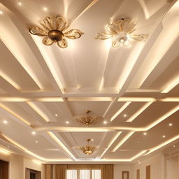 A lavish false ceiling design suitable for a 4BHK house, featuring elegant patterns, soft illumination, and affluence in detail