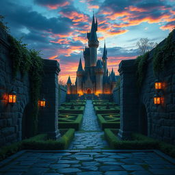 A fantasy movie scene depicting the grand entrance to a labyrinth, with intricate stone walls adorned with vibrant greenery and mystical runes