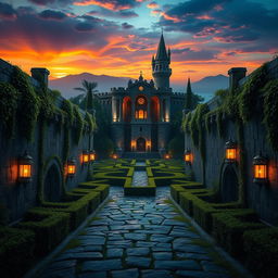 A fantasy movie scene depicting the grand entrance to a labyrinth, with intricate stone walls adorned with vibrant greenery and mystical runes