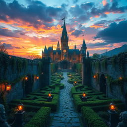 A fantasy movie scene depicting the grand entrance to a labyrinth, with intricate stone walls adorned with vibrant greenery and mystical runes