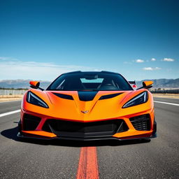 A striking supercar designed with sharp nose features and distinct elements reminiscent of the Corvette C8