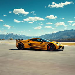 An eye-catching representation of a unique fusion between a Corvette C8 and a Pagani Utopia, adorned in a striking matte gold finish