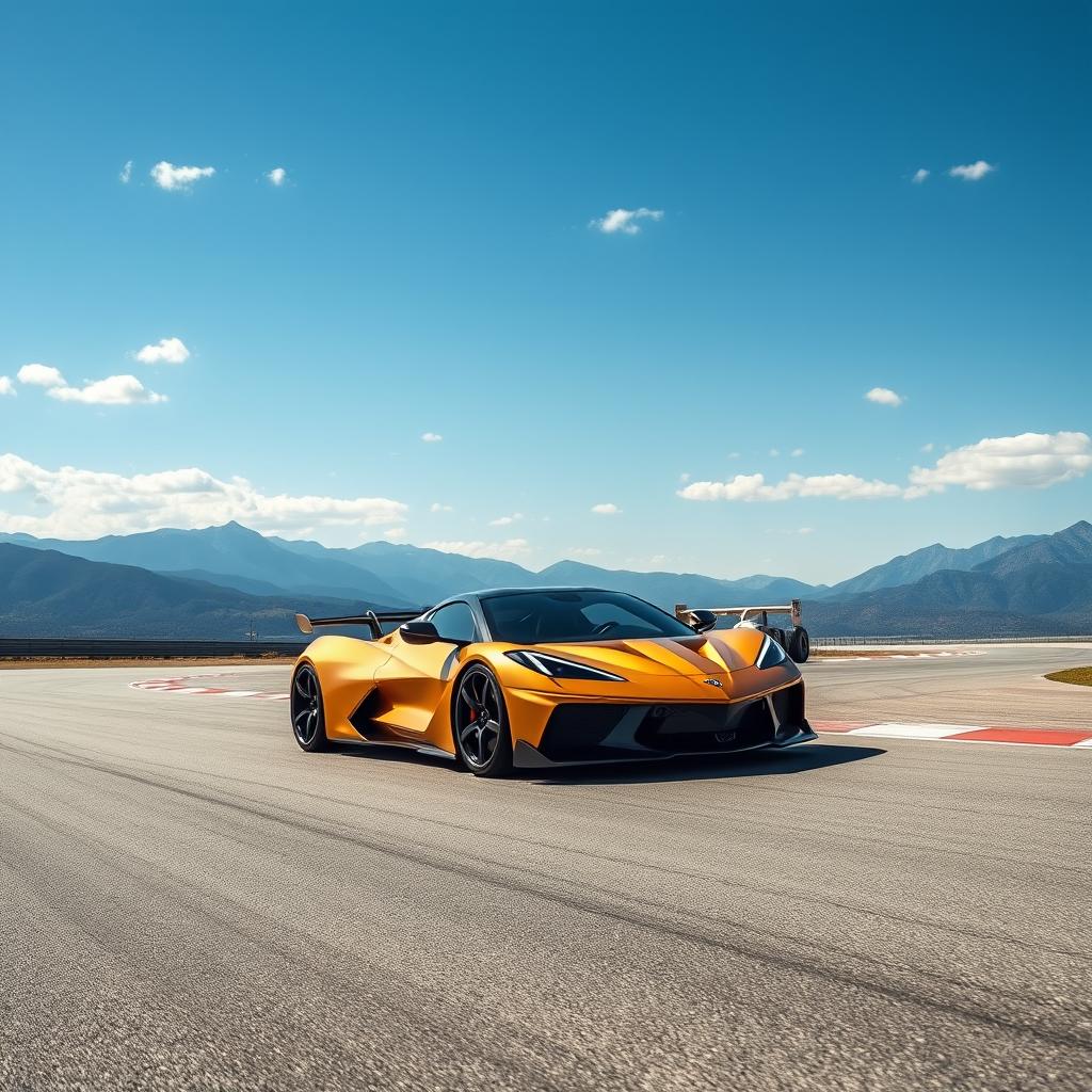 An eye-catching representation of a unique fusion between a Corvette C8 and a Pagani Utopia, adorned in a striking matte gold finish