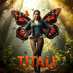 A stunning 27-year-old Indian woman transforming into a superhero named Titli, showcasing butterfly powers with dark, larger-than-life wings adorned with colorful butterflies