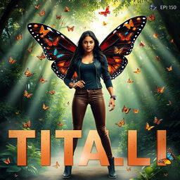 A stunning 27-year-old Indian woman transforming into a superhero named Titli, showcasing butterfly powers with dark, larger-than-life wings adorned with colorful butterflies