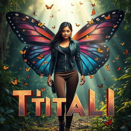 A stunning 27-year-old Indian woman transforming into a superhero named Titli, showcasing butterfly powers with dark, larger-than-life wings adorned with colorful butterflies