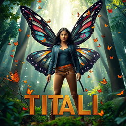 A stunning 27-year-old Indian woman transforming into a superhero named Titli, showcasing butterfly powers with dark, larger-than-life wings adorned with colorful butterflies