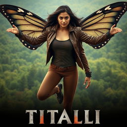 A stunningly beautiful 27-year-old Indian modern woman with enchanting butterfly powers and larger-than-life, colorless dark wings soaring majestically above a vibrant forest