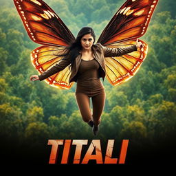 A stunningly beautiful 27-year-old Indian modern woman with enchanting butterfly powers and larger-than-life, colorless dark wings soaring majestically above a vibrant forest