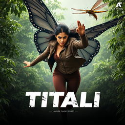 A stunning 27-year-old Indian modern woman with beautiful features, showcasing butterfly powers with dark, larger colorless wings, is soaring through a lush green forest