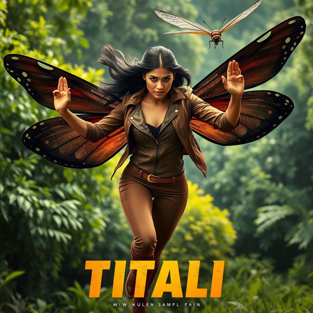 A stunning 27-year-old Indian modern woman with beautiful features, showcasing butterfly powers with dark, larger colorless wings, is soaring through a lush green forest